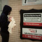 woman with newborn at safe haven baby box