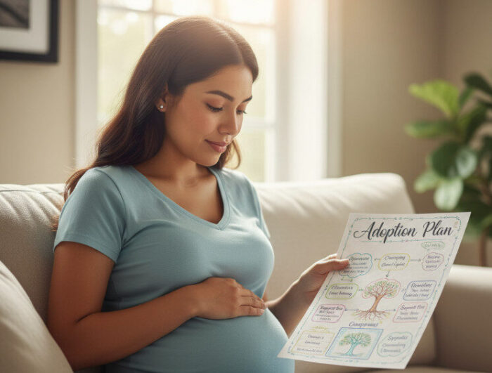birthmother on couch with adoption plan paper
