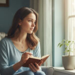 woman in chair holding a journal and a pen looking out of a window