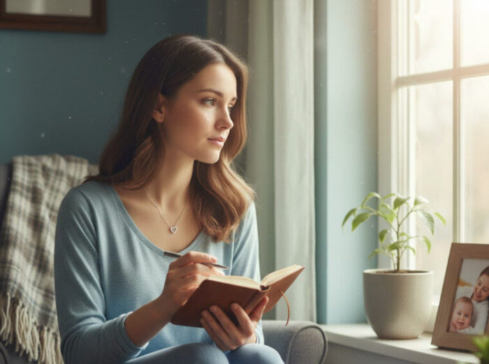 woman in chair holding a journal and a pen looking out of a window