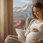 birthmother in chair, mountains outside of window behind her