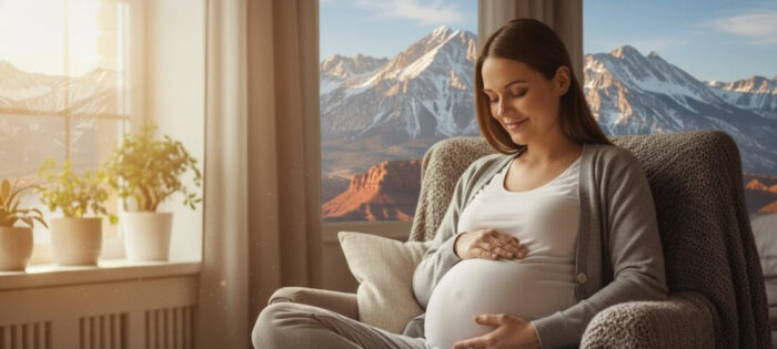 birthmother in chair, mountains outside of window behind her