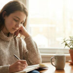 woman writing in notebook after placing her baby for adoption