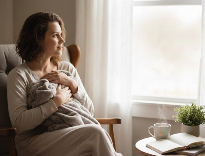 woman holding her baby while sitting in a chair