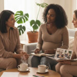 ladies with a birthmother sitting on a couch