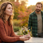 woman sitting at a table outside with a gentleman standing by