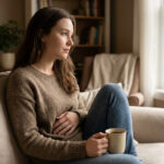 woman drinking coffee while sitting on a couch looking outside a window