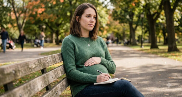 birthmother sitting on a bench at a park