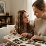 mom and daughter on a couch looking at a family album
