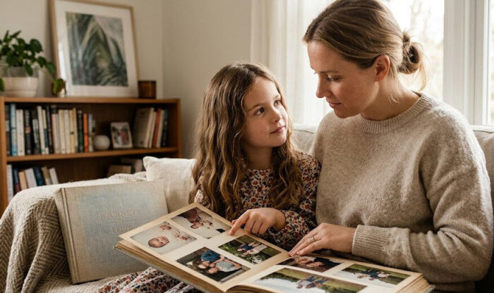 mom and daughter on a couch looking at a family album