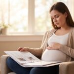 birthmom in a chair looking at a binder with her hand on her belly